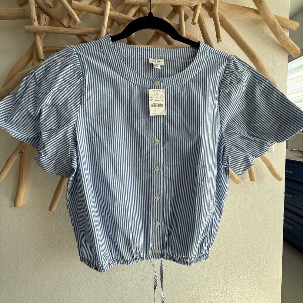 J. Crew Blue and White Striped Blouse adjustable waist NWT M 8/10